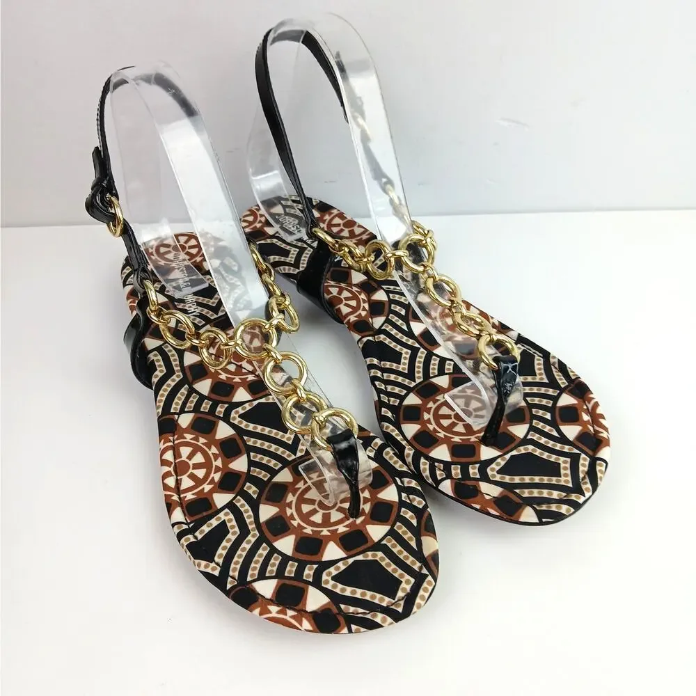 Johnston & Murphy SZ 10M Black Patent Leather & Gold Chain Link Thong Sandals
